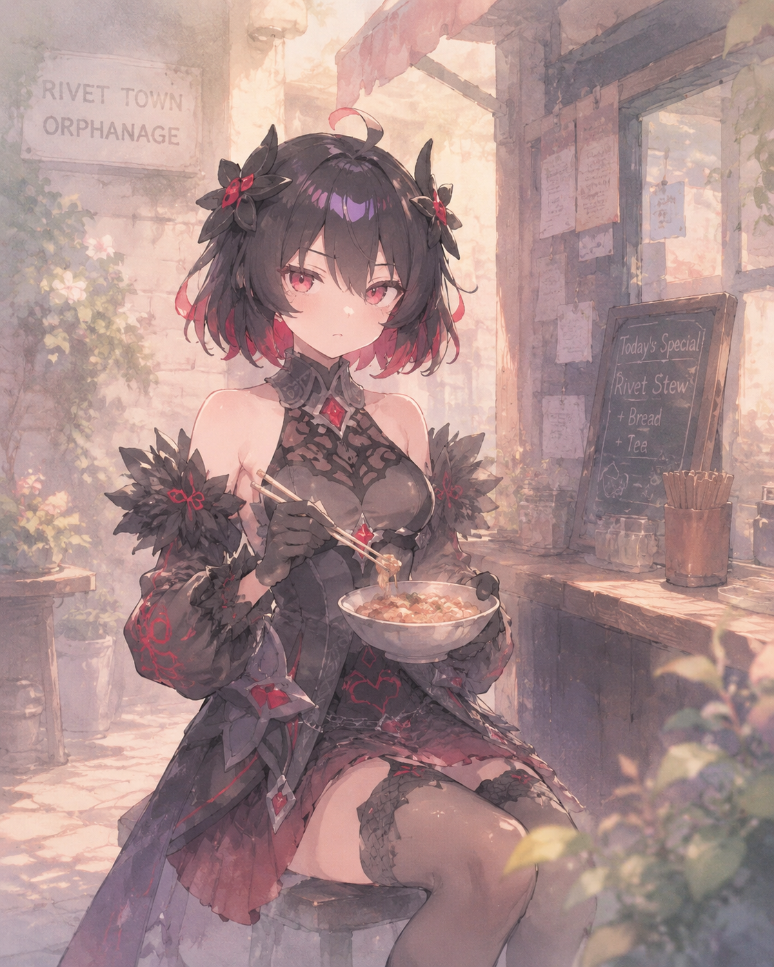 Eating a quick meal at a food stall In a quiet corner of the Rivet Town orphanage (soft watercolor, dreamlike pastel tones)