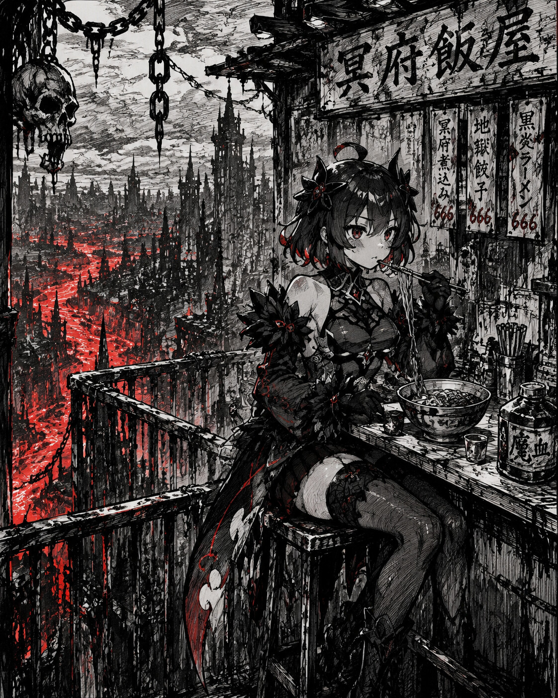 Eating a quick meal at a food stall on a rusted balcony overlooking the Underworld (gritty ink sketch)