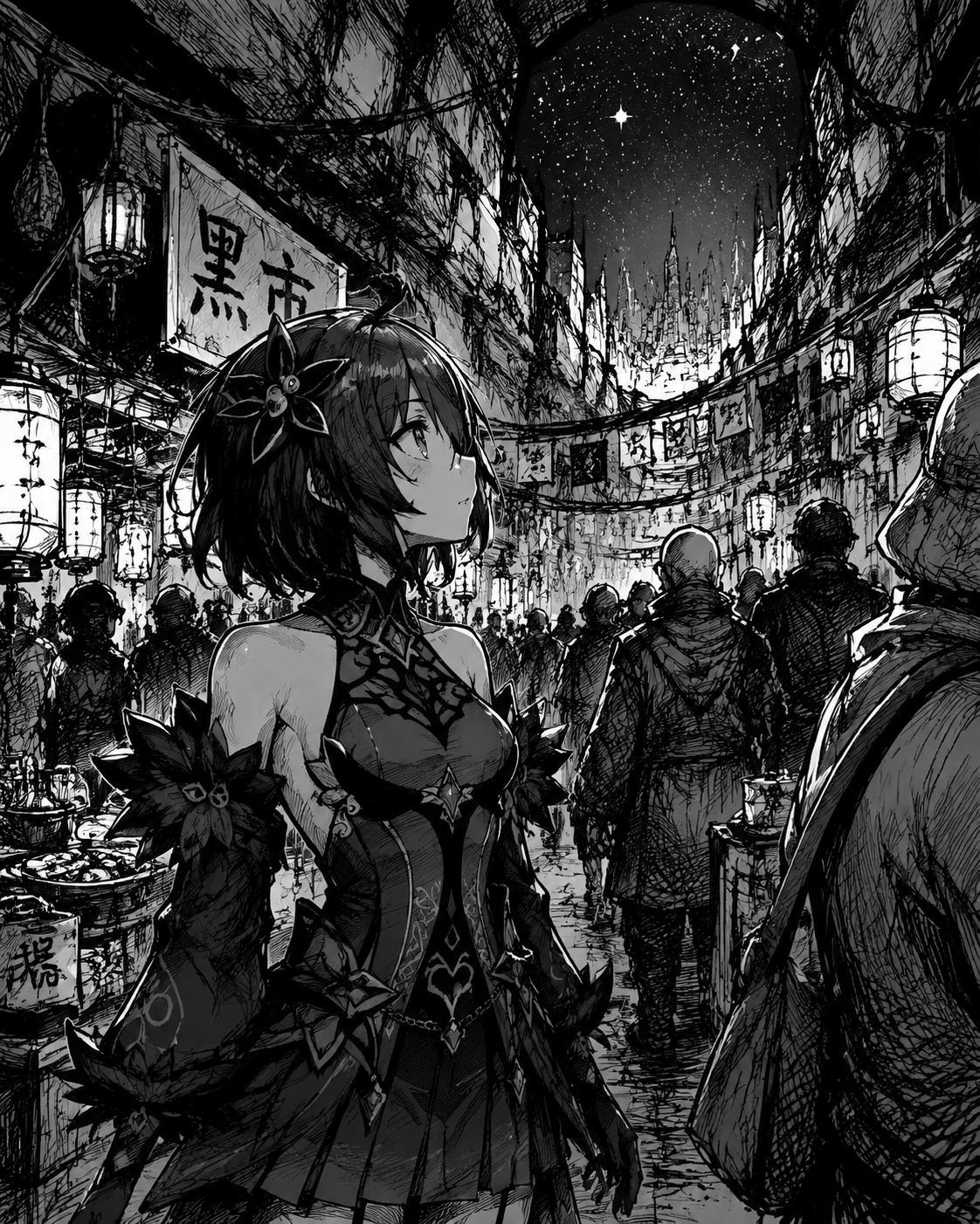 Gazing at the distant surface stars At a crowded underground market stall (gritty ink sketch, bold rough lines)