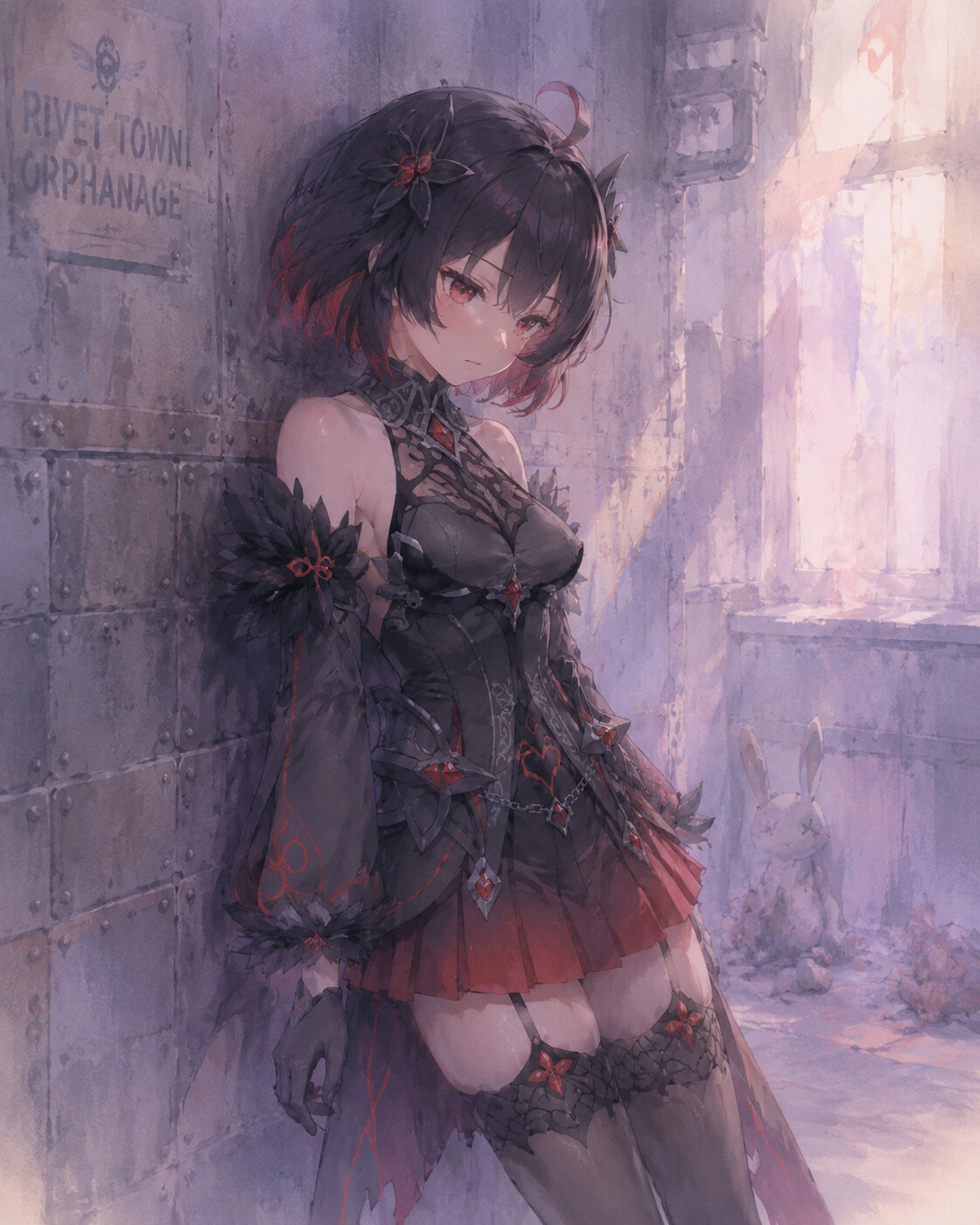 Leaning against a cold metal wall in a quiet corner of the Rivet Town orphanage (soft watercolor)