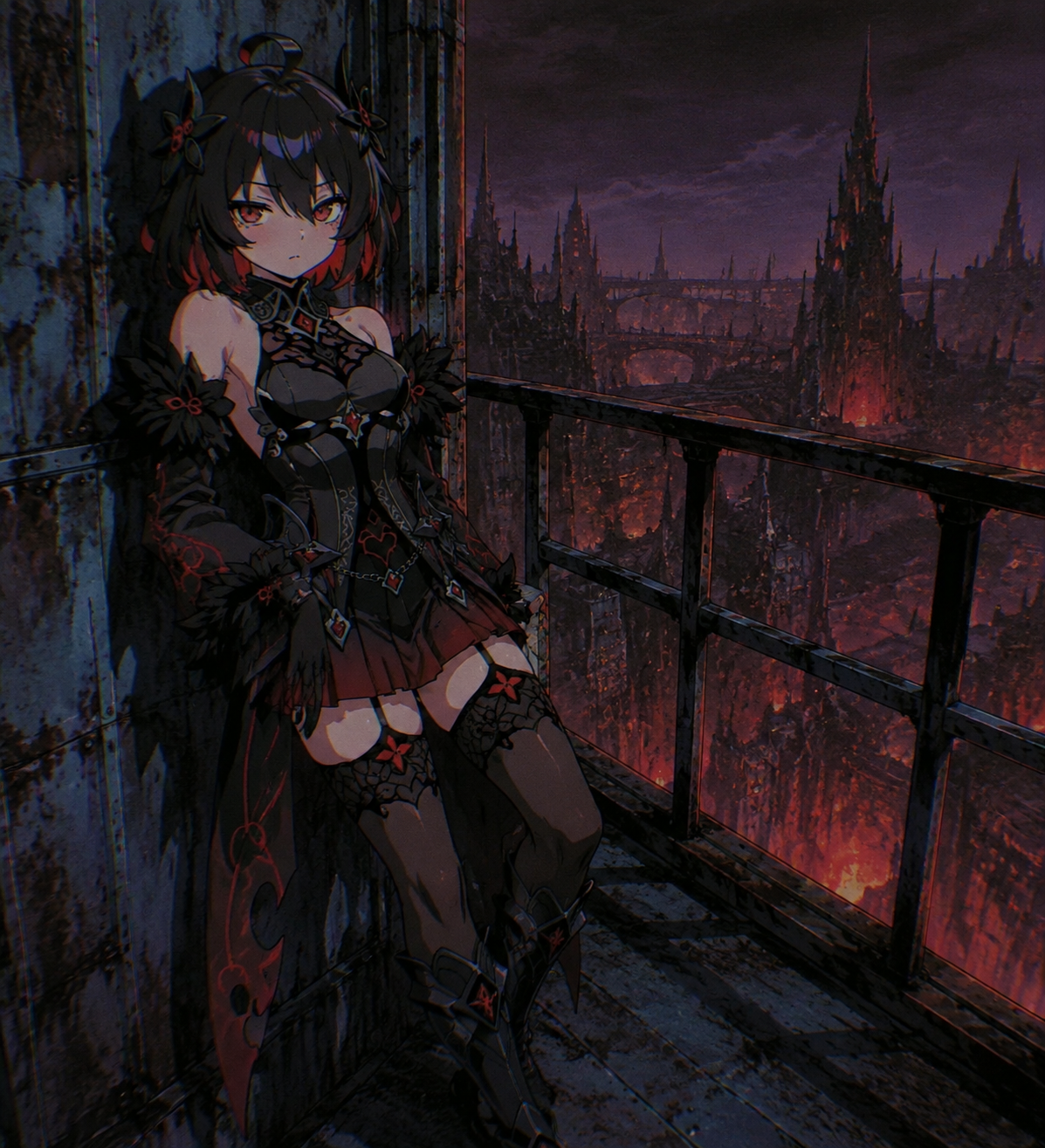 Leaning against a cold metal wall On a rusted balcony overlooking the Underworld (retro 90s anime style, lo-fi aesthetic)