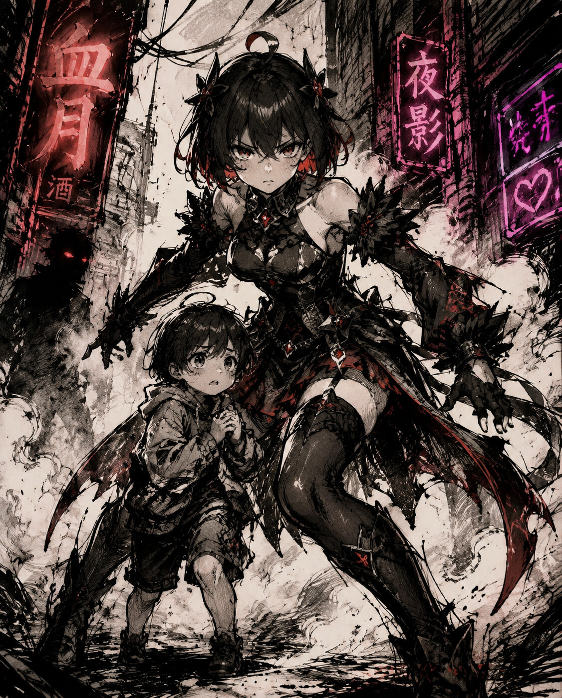 Protecting a small child from danger in a neon-lit alleyway filled with steam (gritty ink sketch)