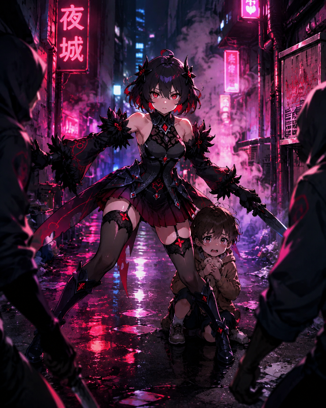 Protecting a small child from danger In a neon-lit alleyway filled with steam (high-contrast anime, vibrant neon highlights)