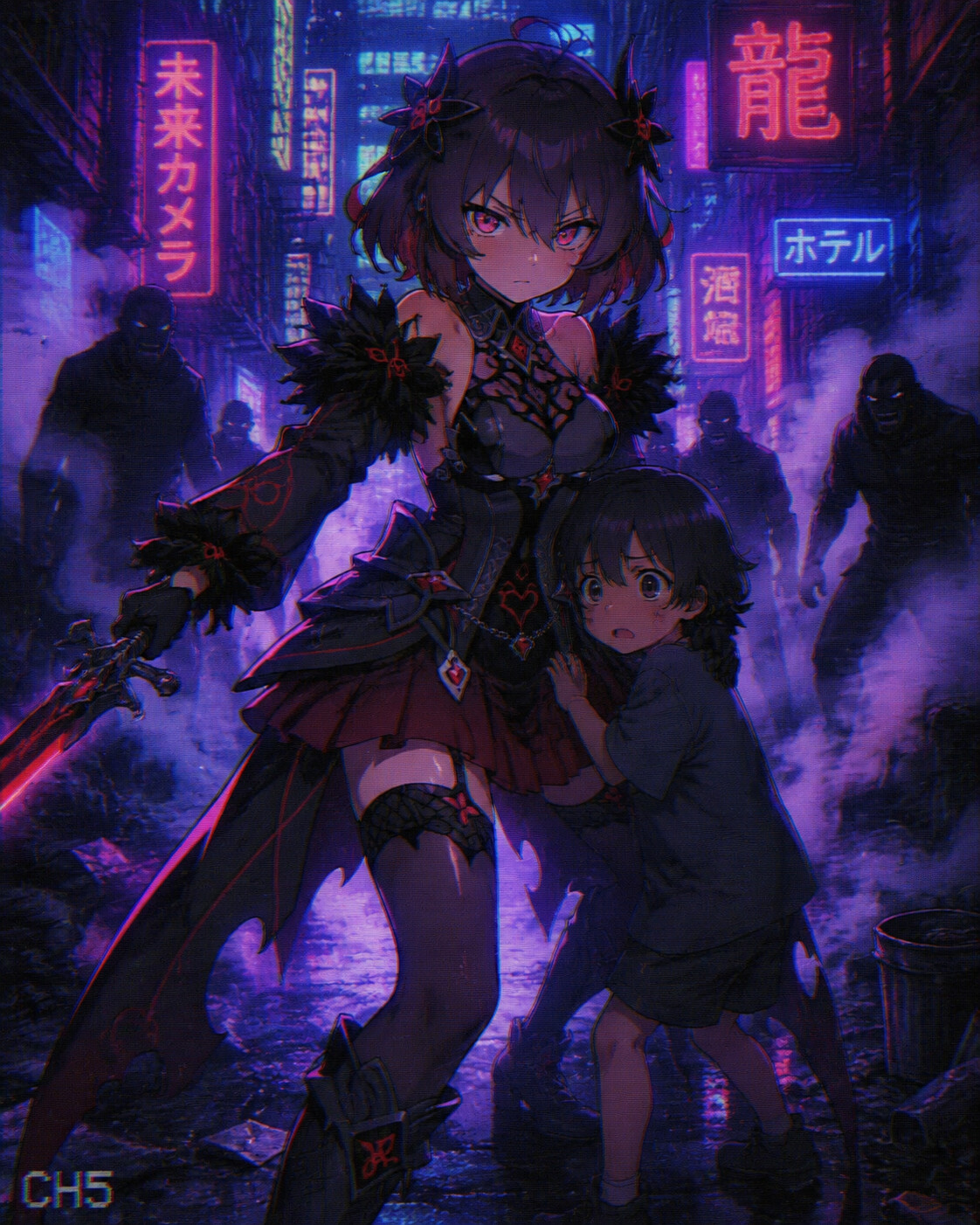 Protecting a small child from danger in a neon-lit alleyway filled with steam (retro 90s anime style)