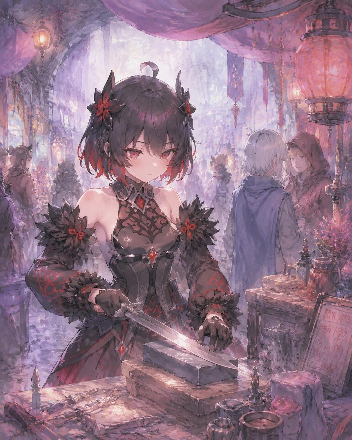 Sharpening her blade with a whetstone at a crowded underground market stall (soft watercolor)