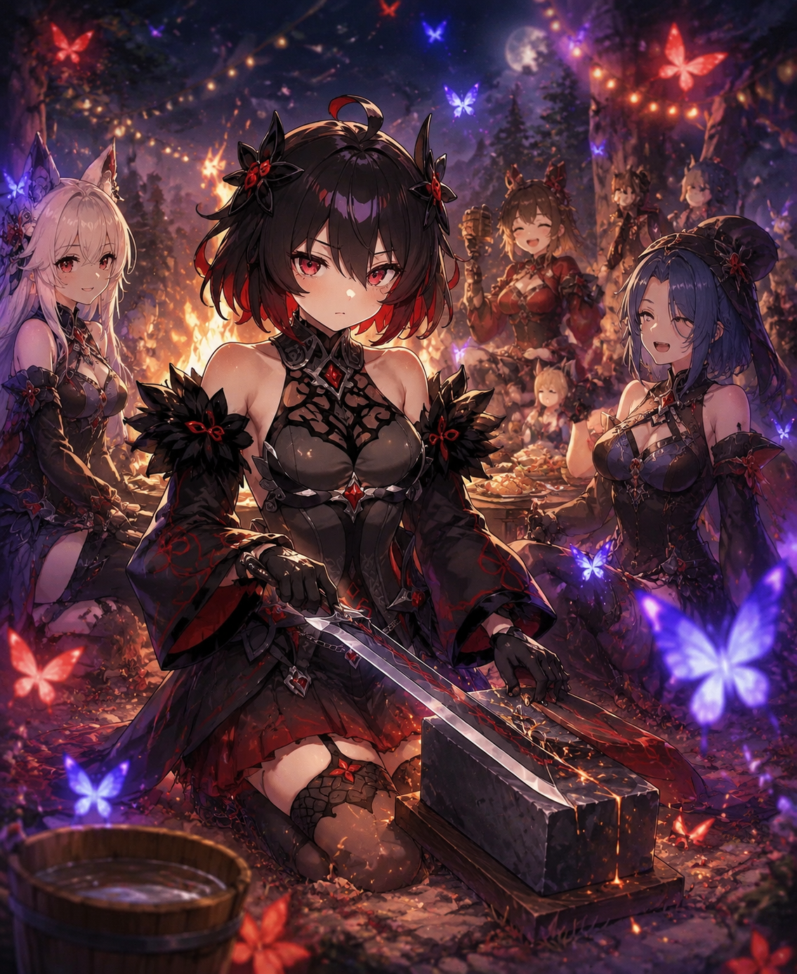 Sharpening her blade with a whetstone At a festive bonfire surrounded by friends (detailed digital painting, ethereal butterfly effects)