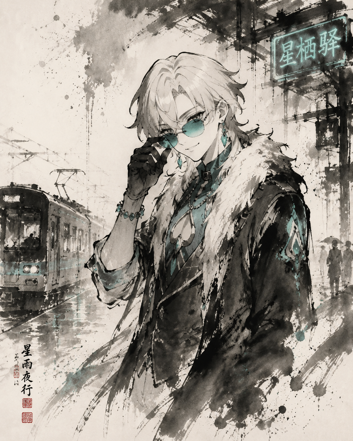 Adjusting his teal sunglasses with a smirk At a rainy train station under a neon sign (traditional sumi-e ink, minimalist strokes and splatters)
