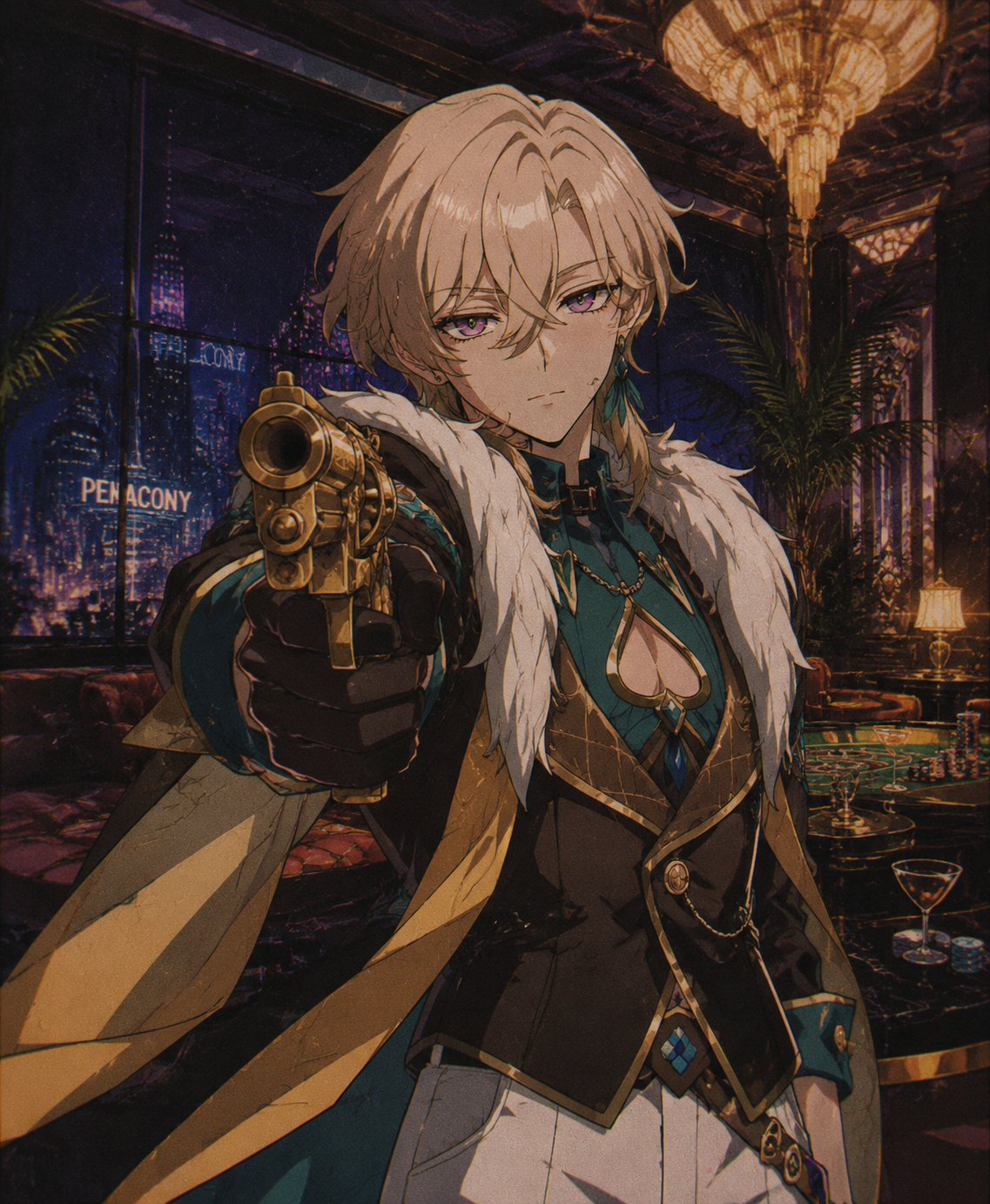 Aiming a gilded revolver at an unseen foe In a high-stakes VIP lounge on Penacony (90s retro anime, grainy cel-shaded aesthetic)