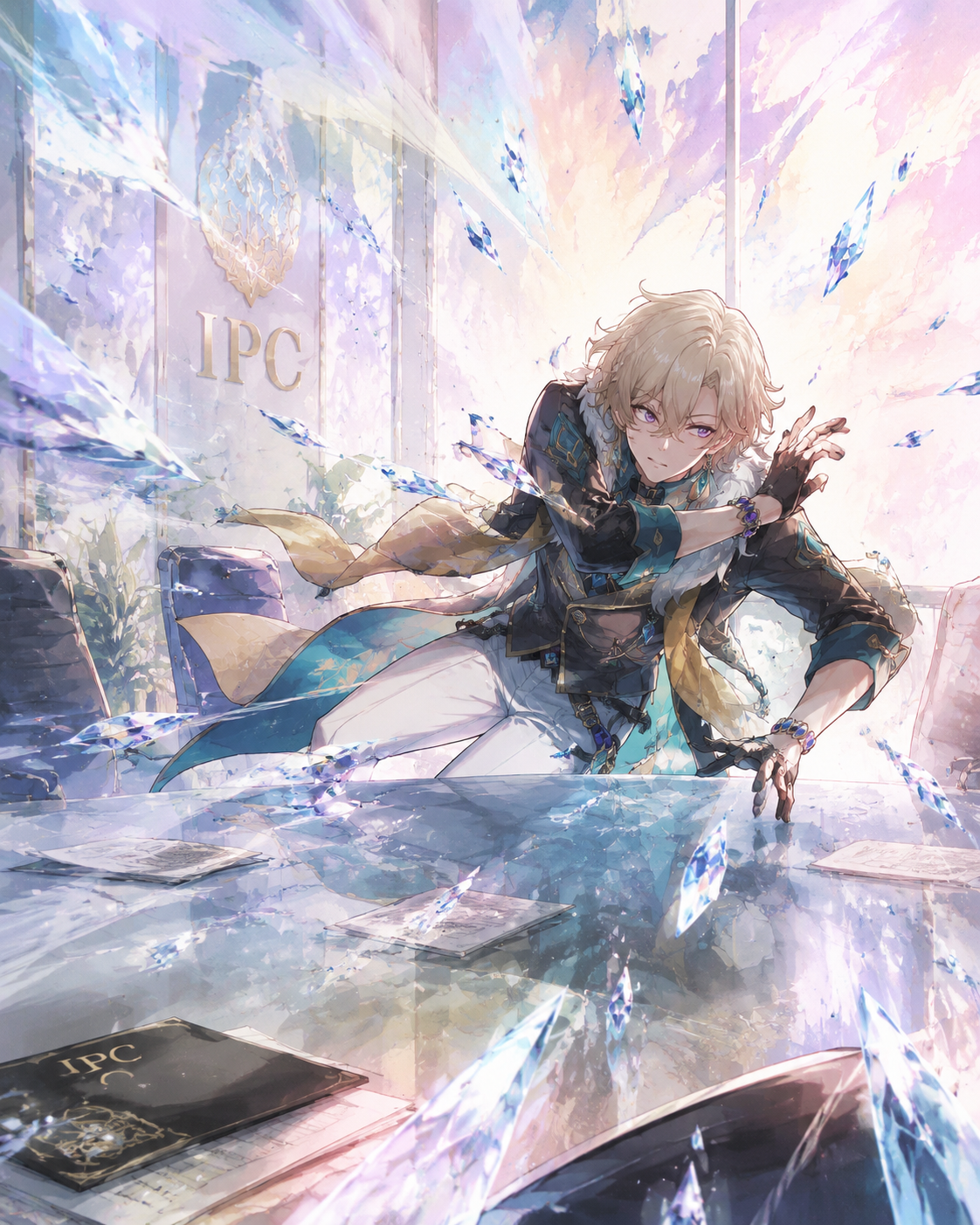 Dodging a hail of glowing crystal shards At a sleek glass IPC boardroom table (dreamy watercolor anime, bleeding pastels and soft sunlight)