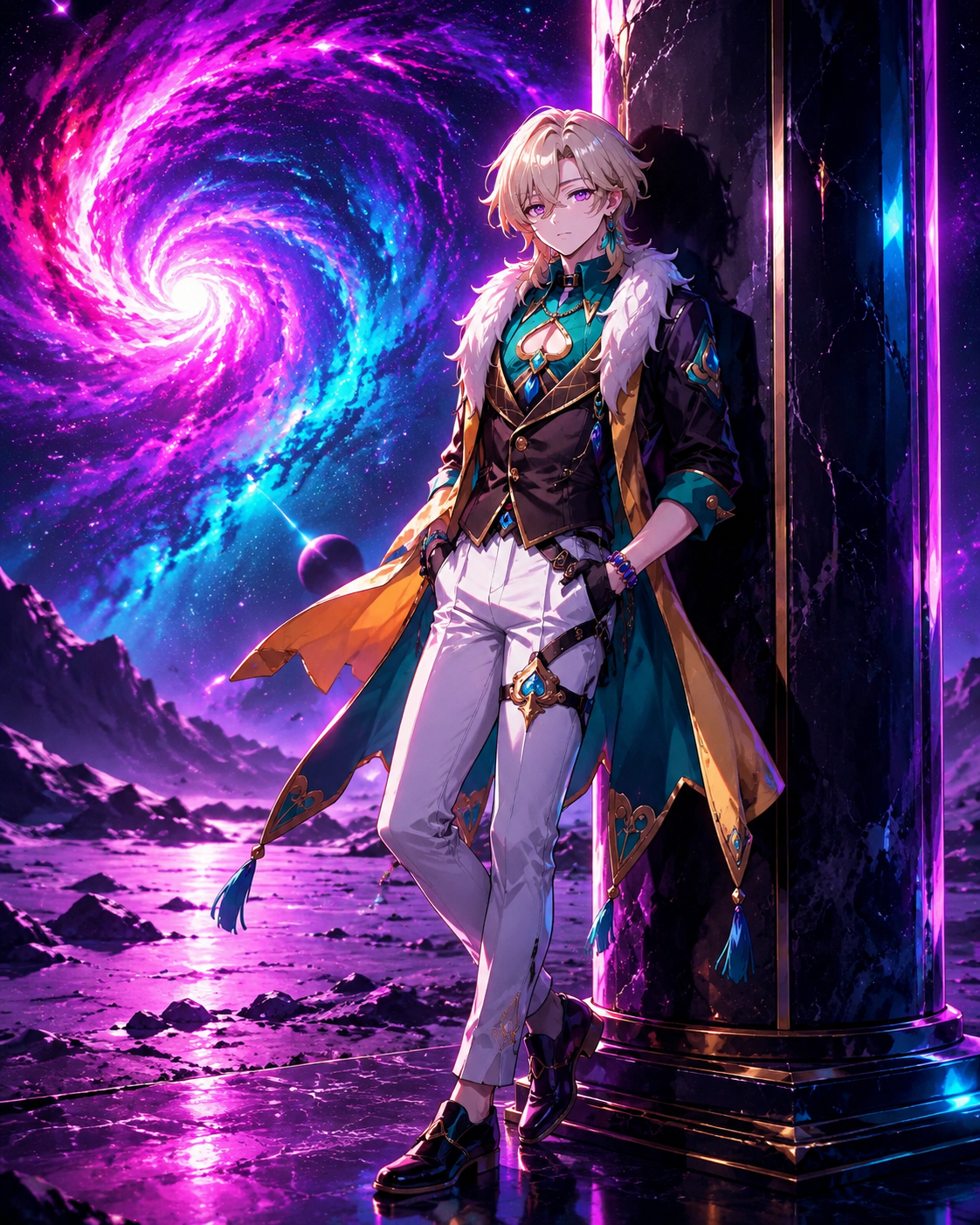 Leaning casually against a polished marble pillar On a desolate moon overlooking a swirling nebula (vibrant synthwave, neon glow and high contrast)
