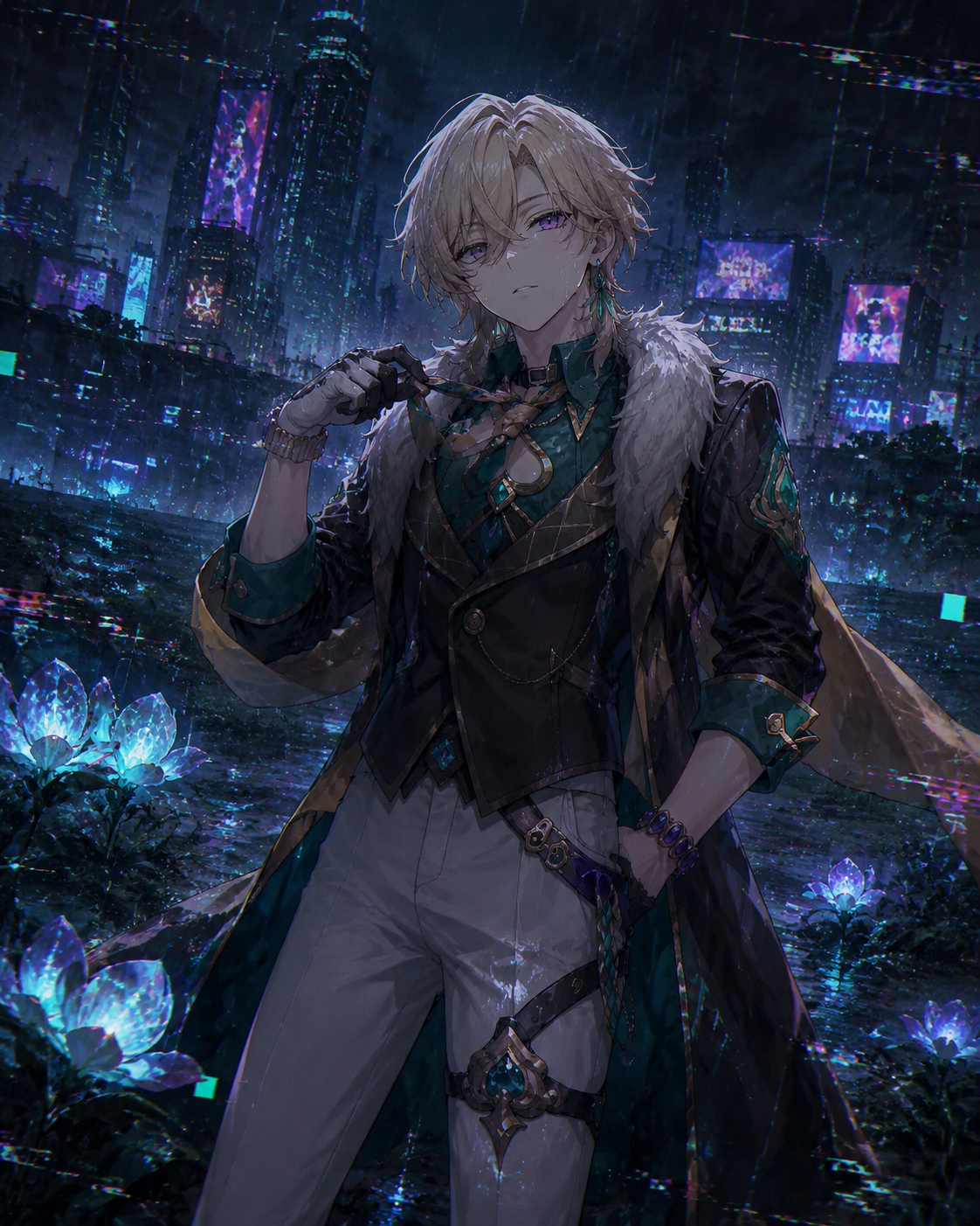 Loosening his necktie after a high-stakes negotiation In a quiet field of glowing alien flowers (gritty cyberpunk, rain-slicked surfaces and glitch effects)