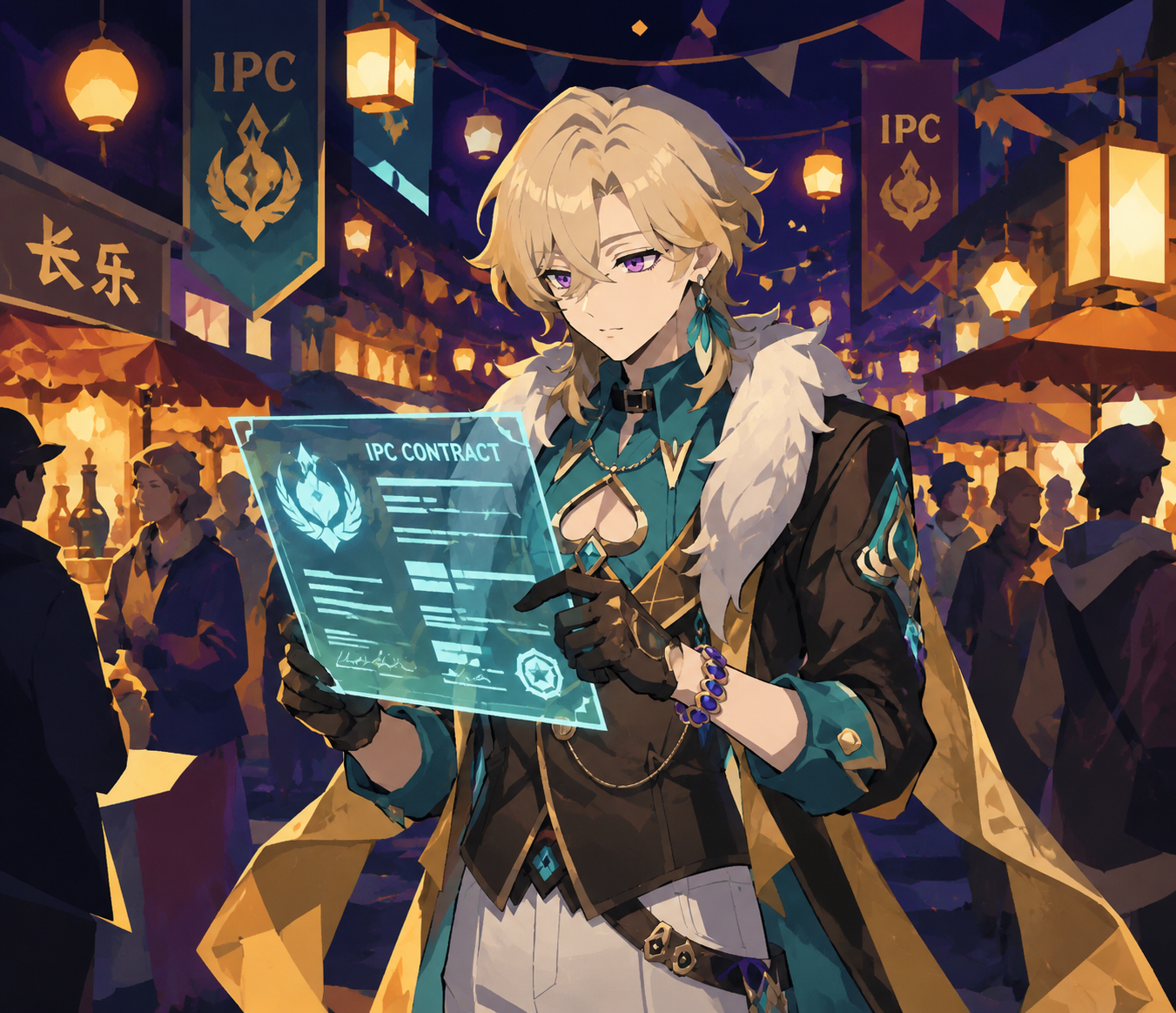 Reviewing a holographic ipc contract At a crowded street market during a night festival (flat vector illustration, bold geometric shapes)