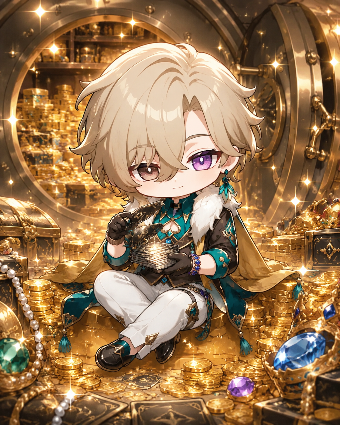 Shuffling a deck of metallic playing cards In a massive vault overflowing with gold treasures (cute chibi style, soft rounded edges and sparkles)