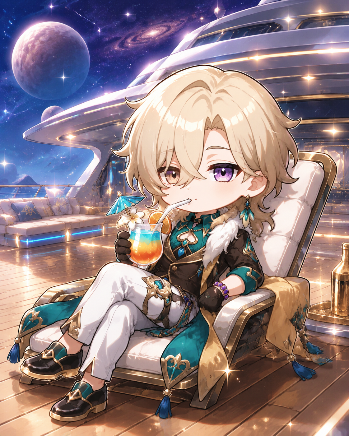 Sipping a tropical cocktail with a tiny umbrella On the deck of a luxury intergalactic yacht (cute chibi style, soft rounded edges and sparkles)