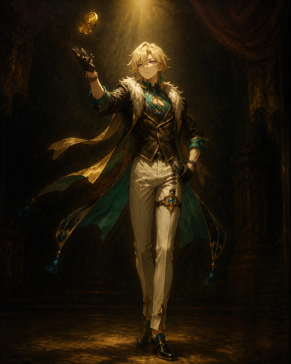 Tossing a weighted gold coin in the air Under a single spotlight on a dark theater stage (baroque oil painting, rich textures and golden chiaroscuro)