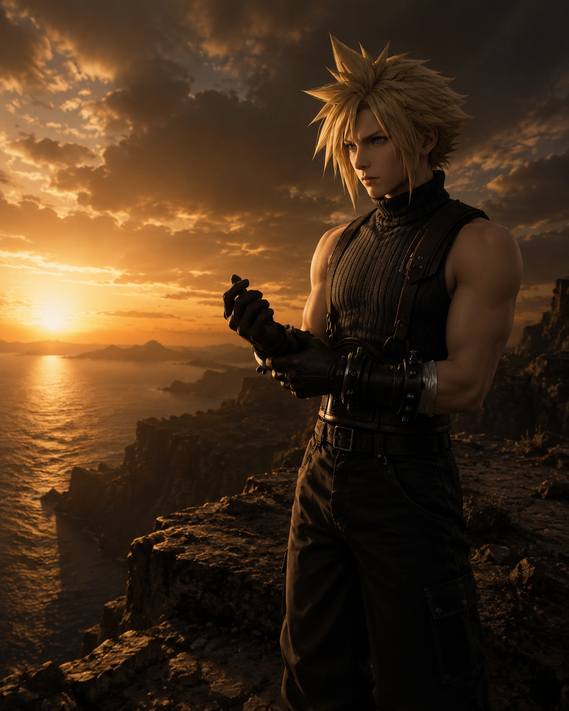 Adjusting his leather gloves while waiting patiently At the edge of a cliff watching a golden sunrise (dark gritty noir, high contrast with deep shadows)