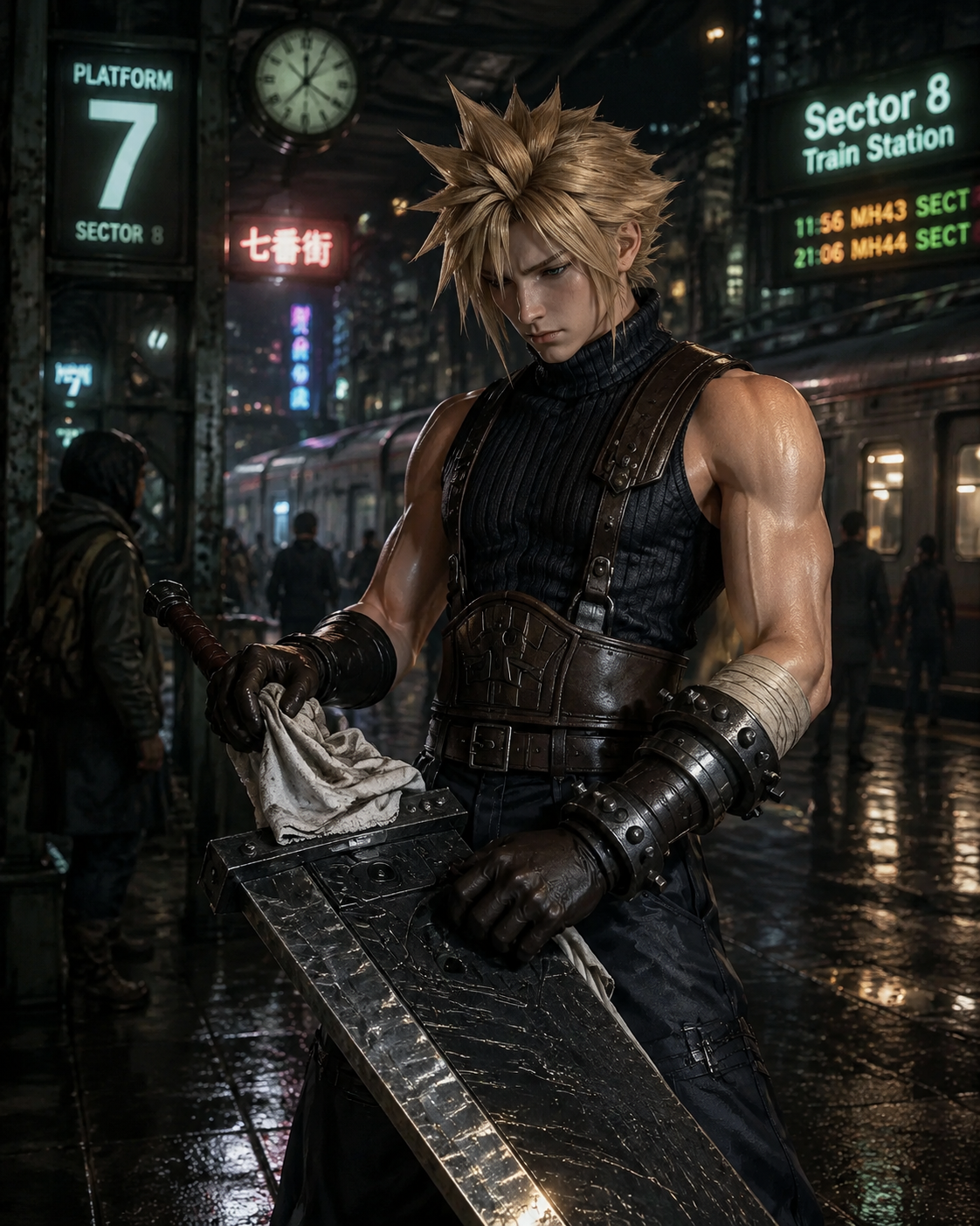 Cleaning his heavy blade with a white cloth At a neon-drenched train station in the slums (hyper-realistic 3D render, intricate armor textures)