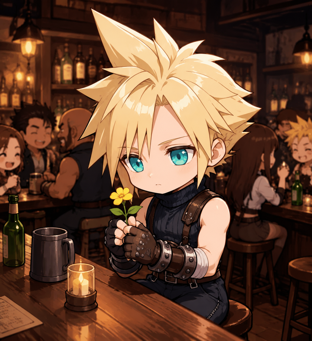 Holding a small yellow flower with gentle care At a busy bar counter in a dimly lit tavern (chibi cute art style, vibrant colors and simple lines)