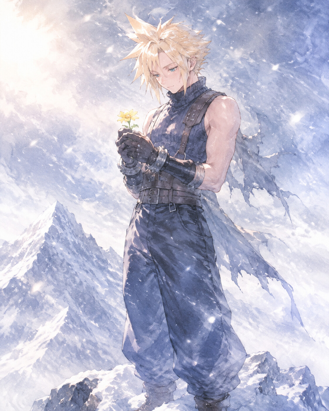 Holding a small yellow flower with gentle care on a snowy mountain peak during a fierce blizzard (soft watercolor illustration)