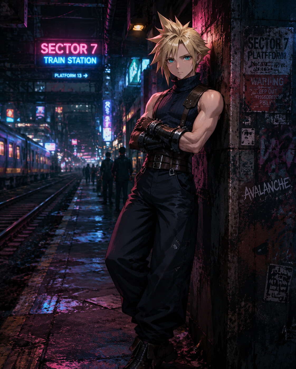 Leaning against a wall with arms stoically crossed at a neon-drenched train station in the slums (cinematic digital painting)