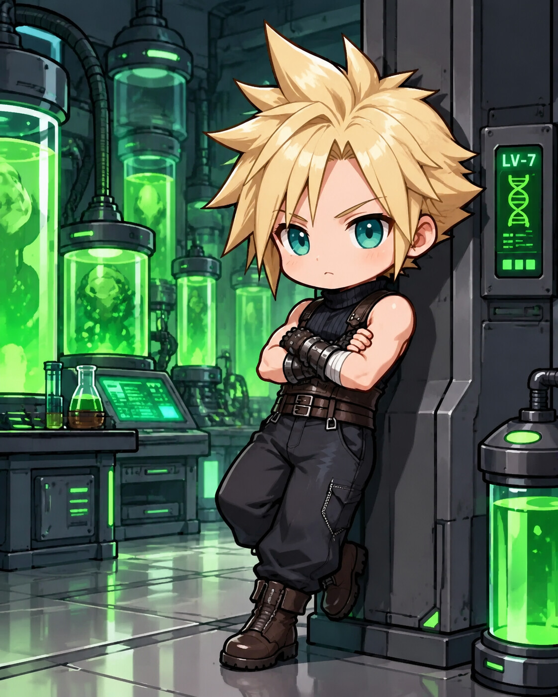 Leaning against a wall with arms stoically crossed in a high-tech laboratory filled with green fluid tanks (chibi cute art style)