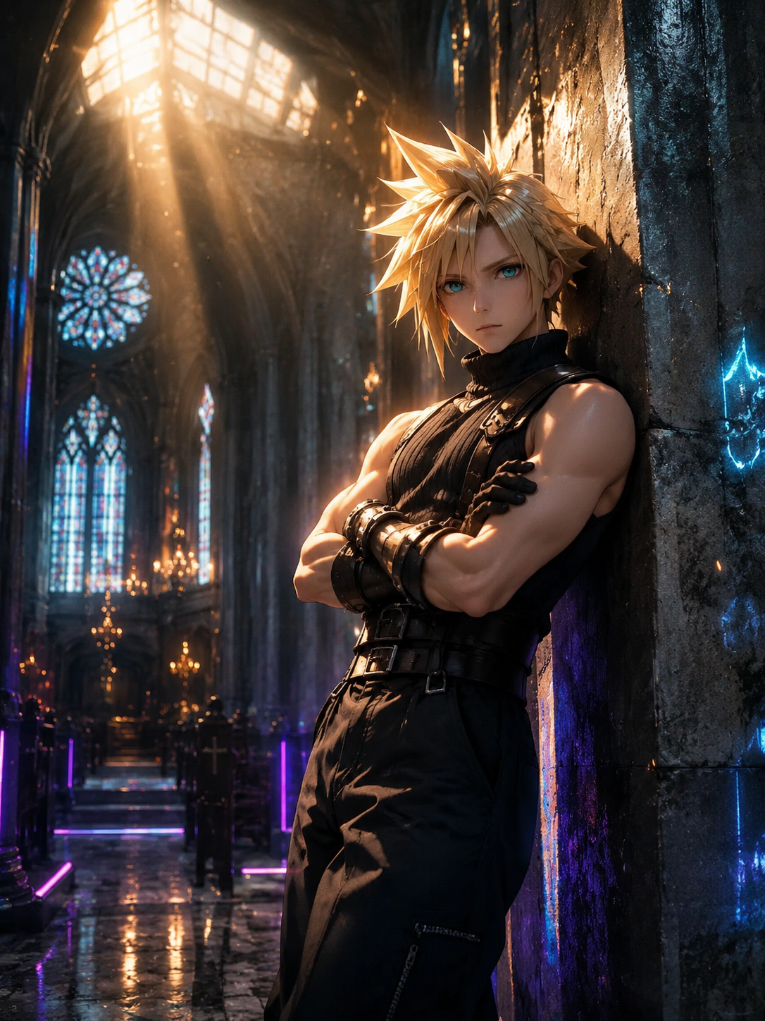 Leaning against a wall with arms stoically crossed In a quiet church with sunlight streaming through the roof (cinematic digital painting, neon lighting and sharp focus)
