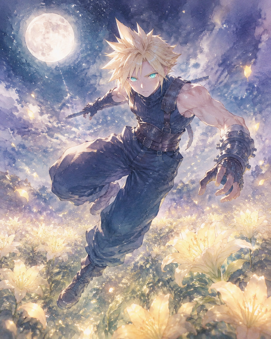 Leaping through the air with glowing mako eyes In a field of glowing yellow lilies under moonlight (soft watercolor illustration, ethereal glow and pastel tones)