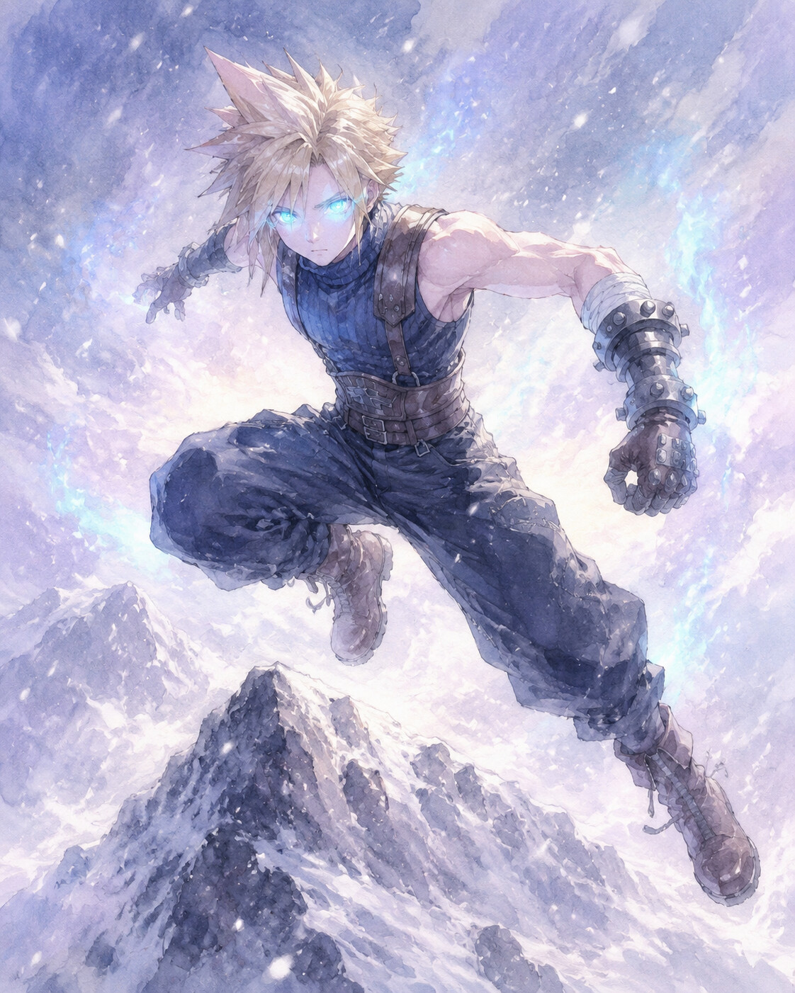 Leaping through the air with glowing mako eyes on a snowy mountain peak during a fierce blizzard (soft watercolor illustration)