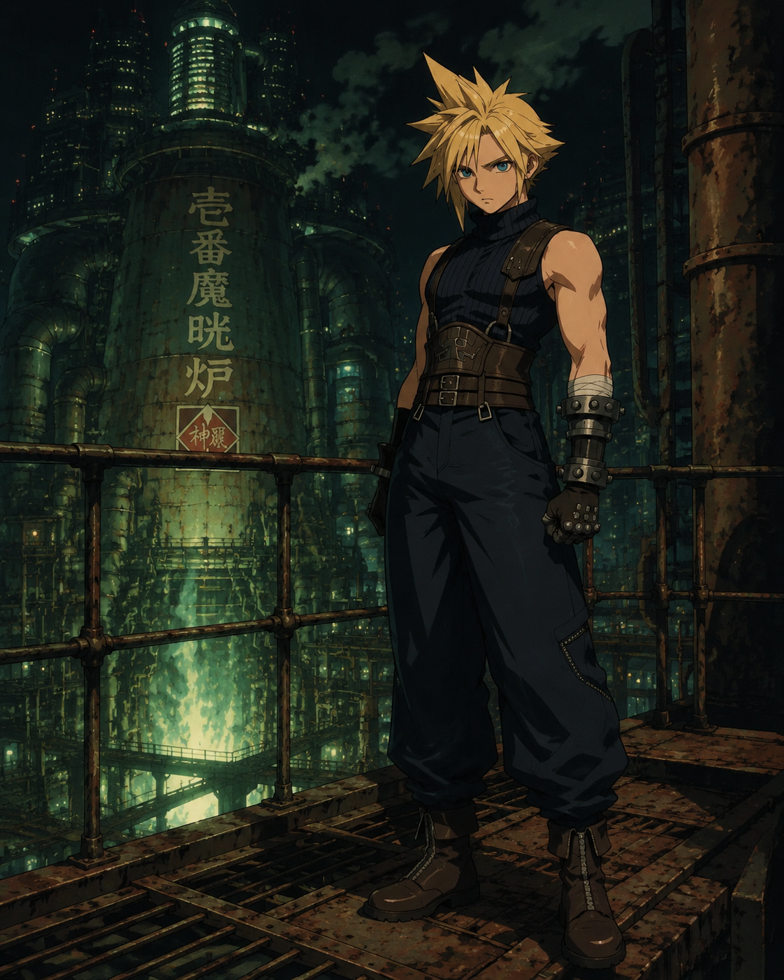 Standing guard with a focused and stern expression On a rusted metal catwalk overlooking a mako reactor (classic 90s anime aesthetic, hand-drawn cel-shaded look)