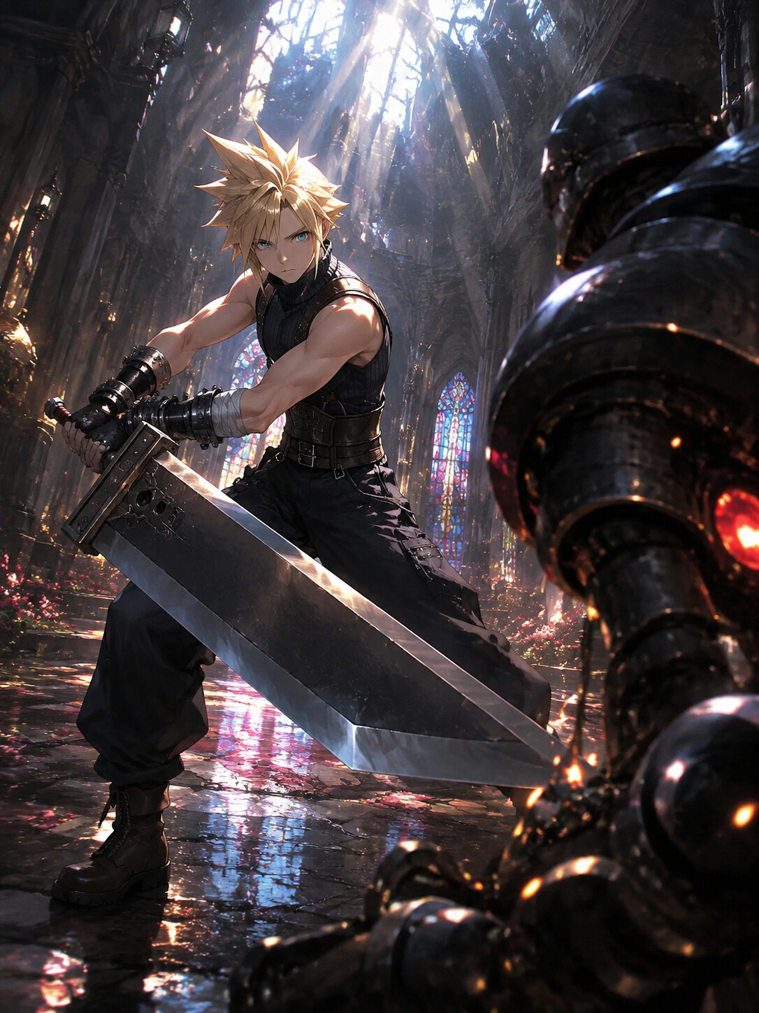 Wielding the Buster Sword against a metallic foe in a quiet church with sunlight streaming through the roof (cinematic digital painting)