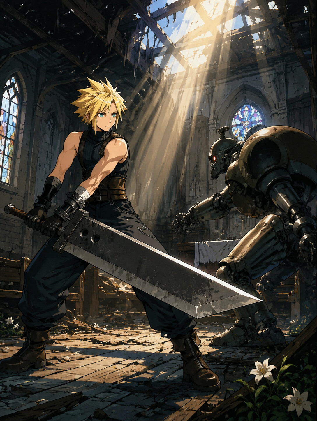 Wielding the Buster Sword against a metallic foe in a quiet church with sunlight streaming through the roof (classic 90s anime aesthetic)
