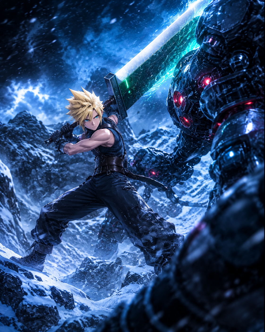 Wielding the buster sword against a metallic foe On a snowy mountain peak during a fierce blizzard (cinematic digital painting, neon lighting and sharp focus)