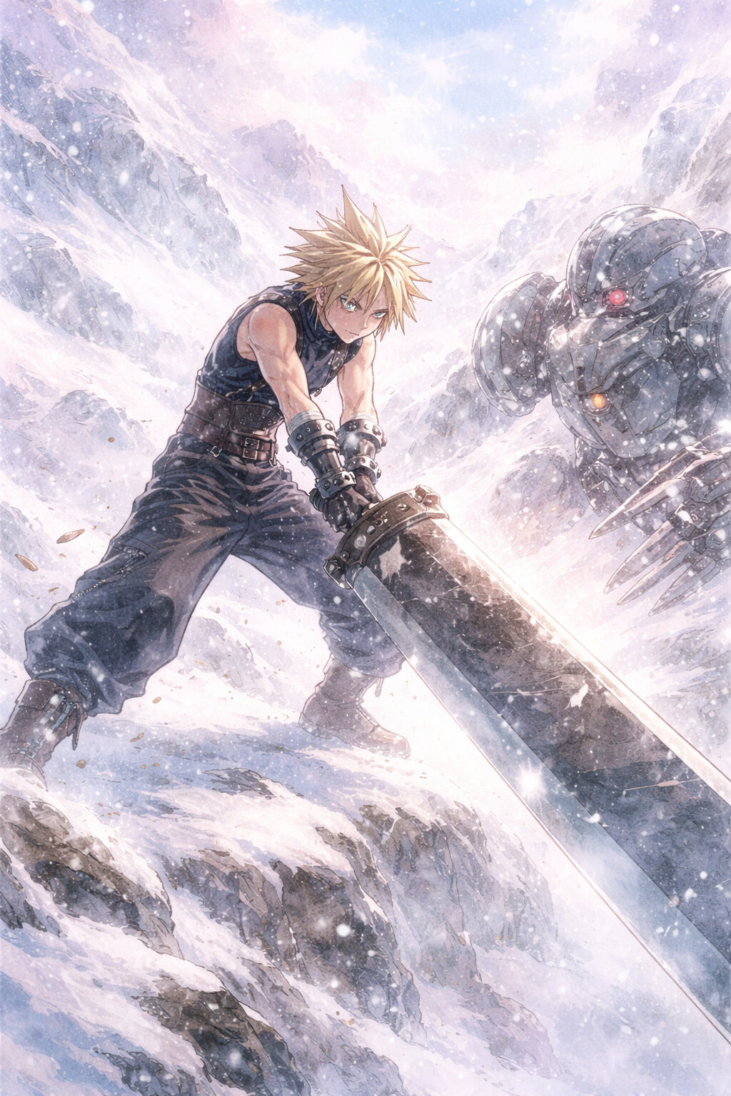 Wielding the Buster Sword against a metallic foe on a snowy mountain peak during a fierce blizzard (soft watercolor illustration)