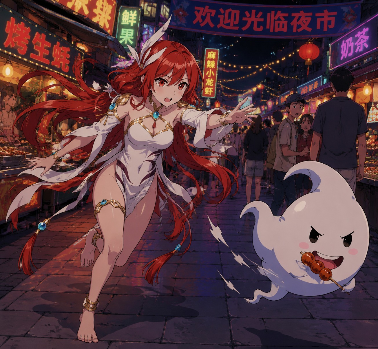 Chasing a mischievous spirit In a bustling modern night market (retro 90s cel-shaded anime)