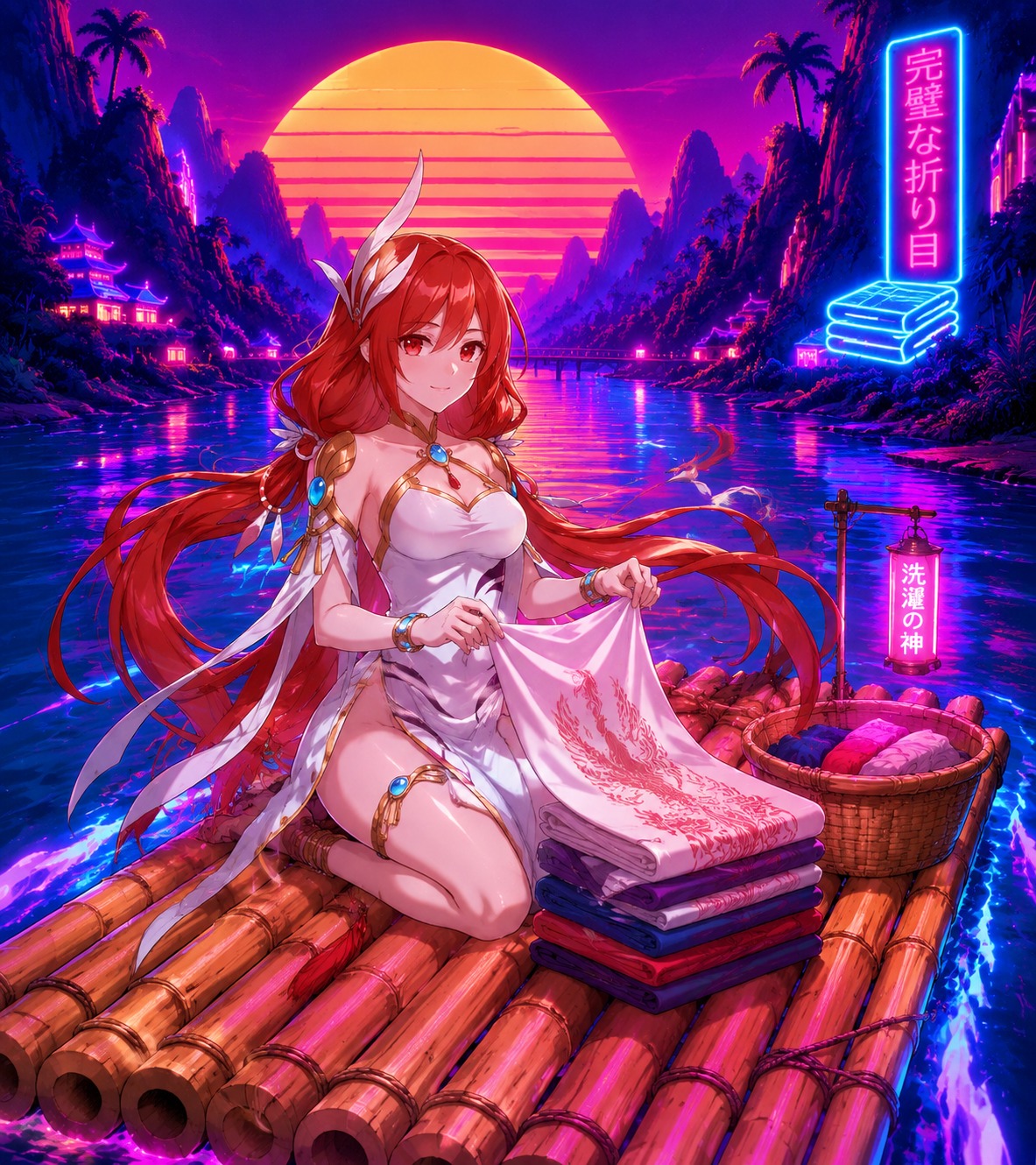 Folding laundry with surgical precision On a bamboo raft drifting downriver (vibrant synthwave, neon glow)