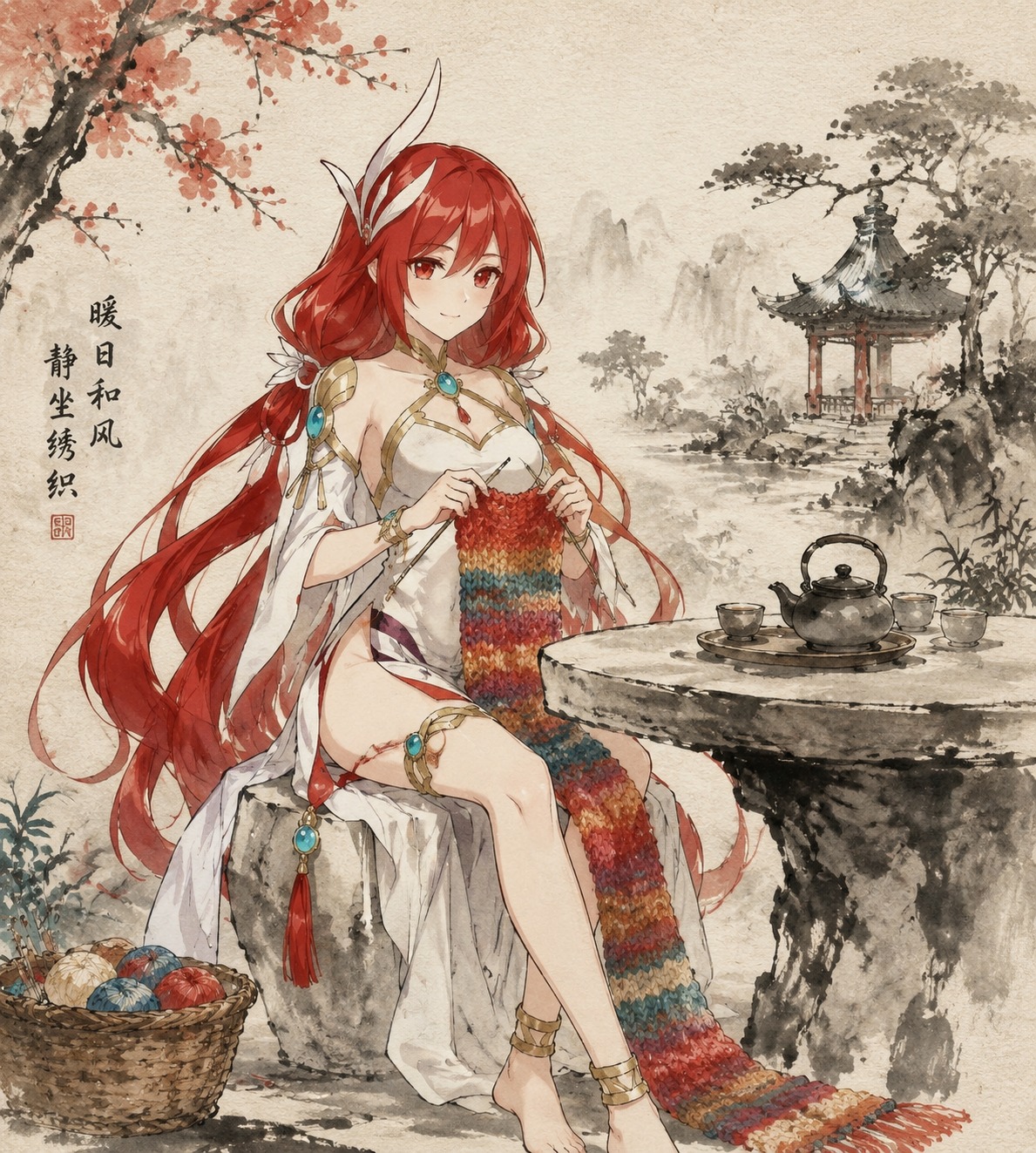 Knitting a colorful scarf At a traditional stone tea table (traditional ink wash painting, textured paper)