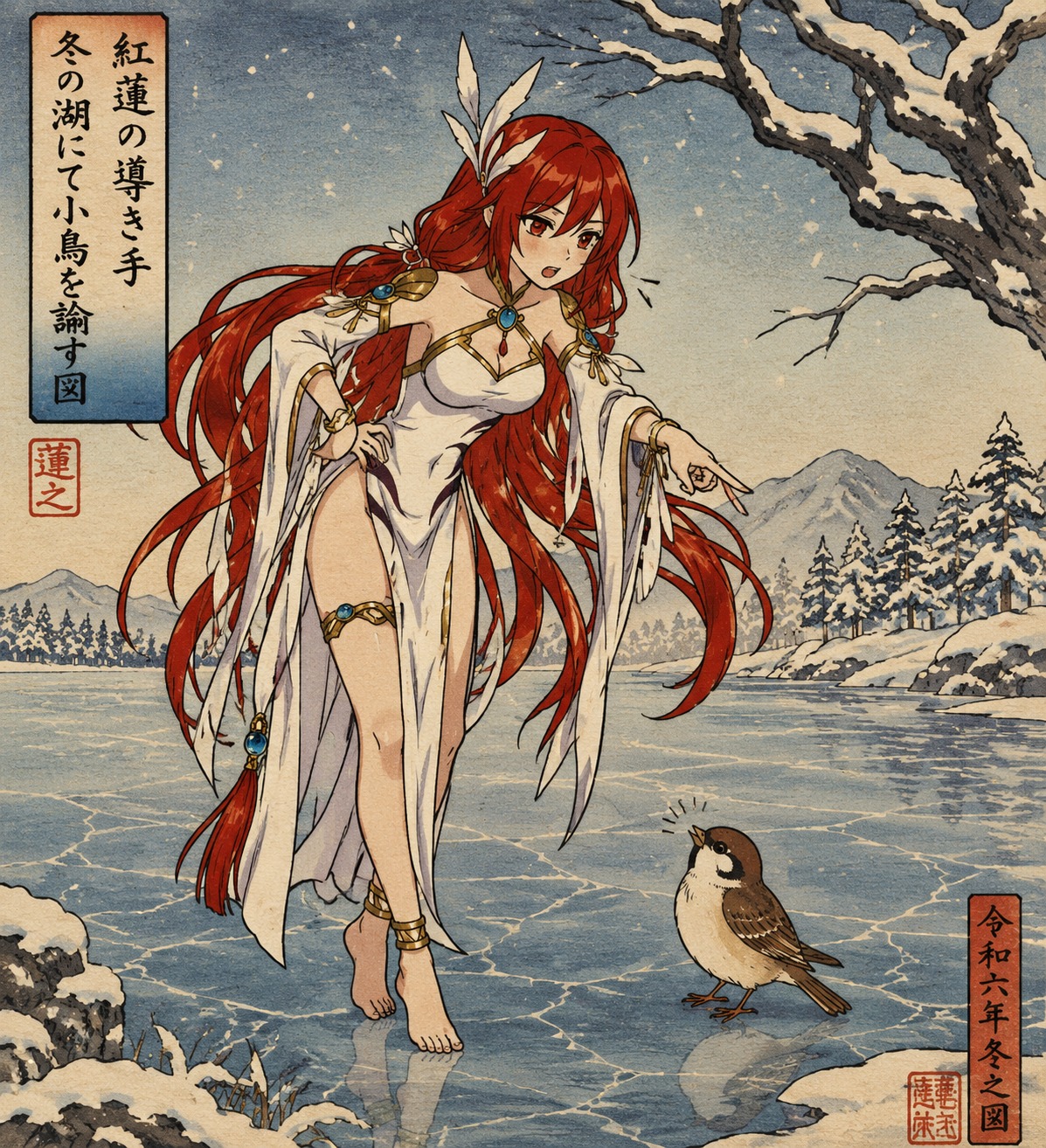 Lecturing a small bird On a frozen lake during midwinter (Ukiyo-e style, bold outlines)