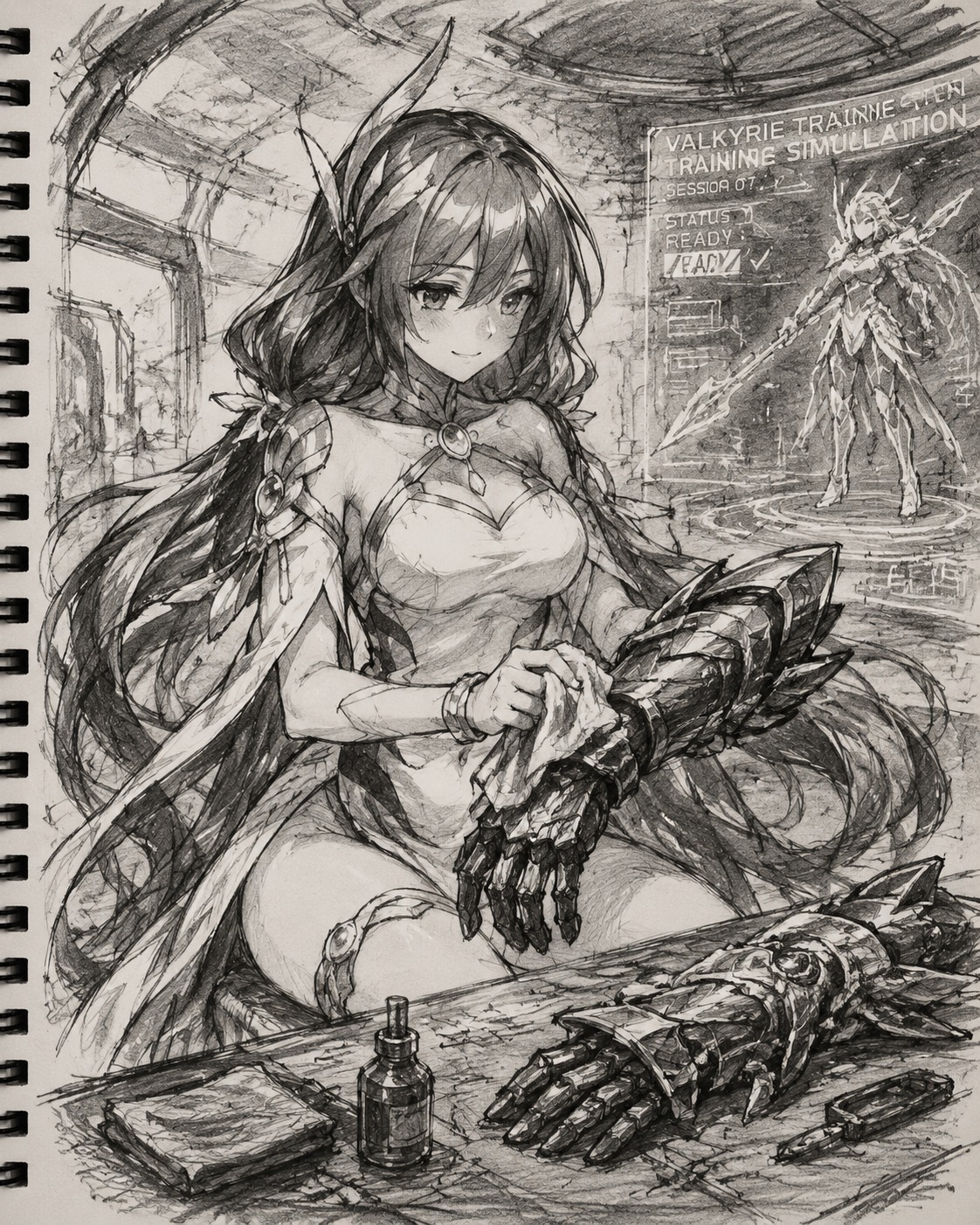 Polishing her crimson gauntlets In a high-tech Valkyrie training simulation (sketchbook charcoal drawing, rough strokes)