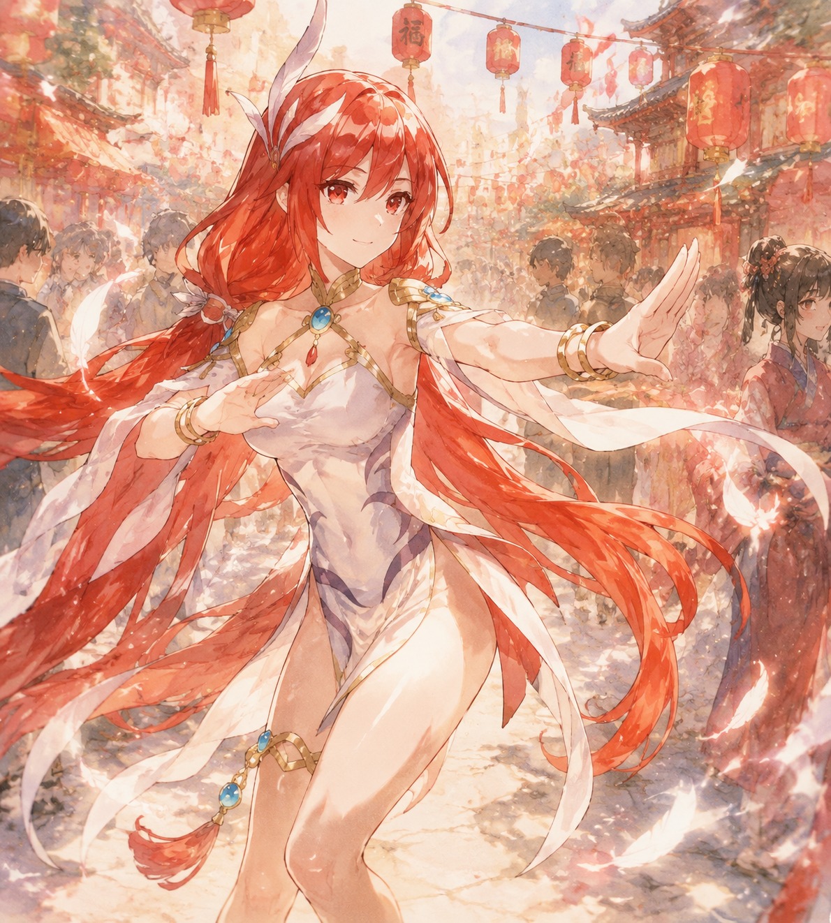 Practicing fluid palm strikes At a crowded festival under red lanterns (soft watercolor anime, gentle sunlight)
