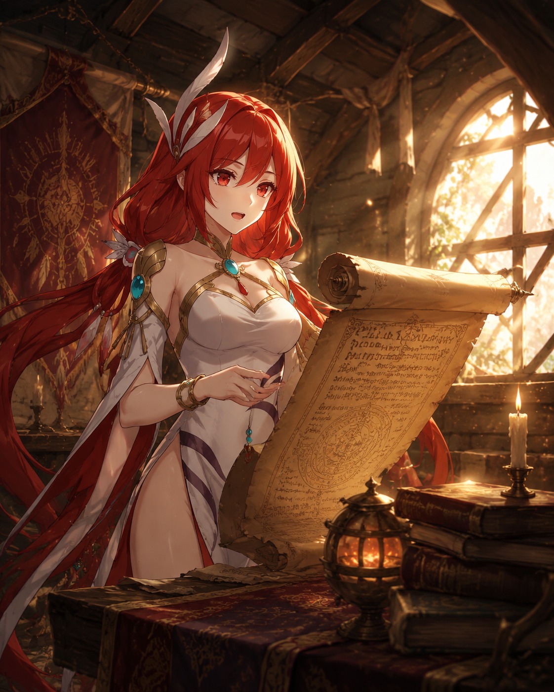 Reading an ancient scroll aloud In a cozy sun-drenched attic (dark cinematic fantasy, ember lighting)