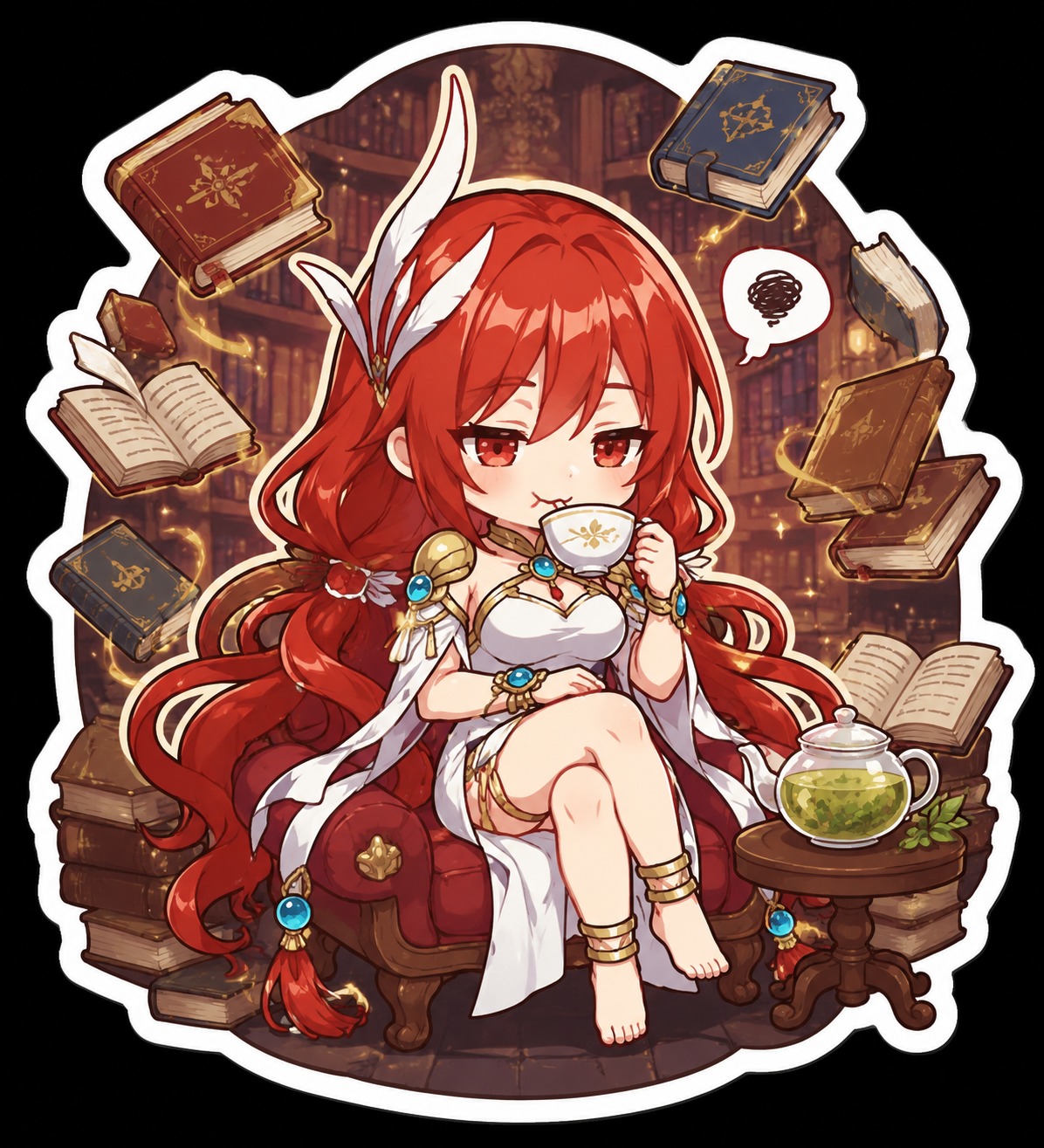 Sipping bitter herbal tea In a library filled with floating books (chibi sticker art, thick borders)