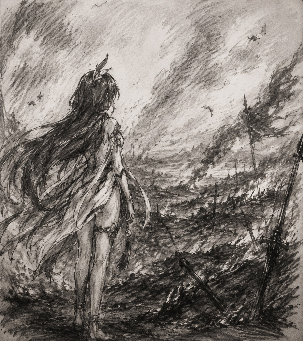 Staring at the distant horizon On a battlefield scorched by phoenix fire (sketchbook charcoal drawing, rough strokes)