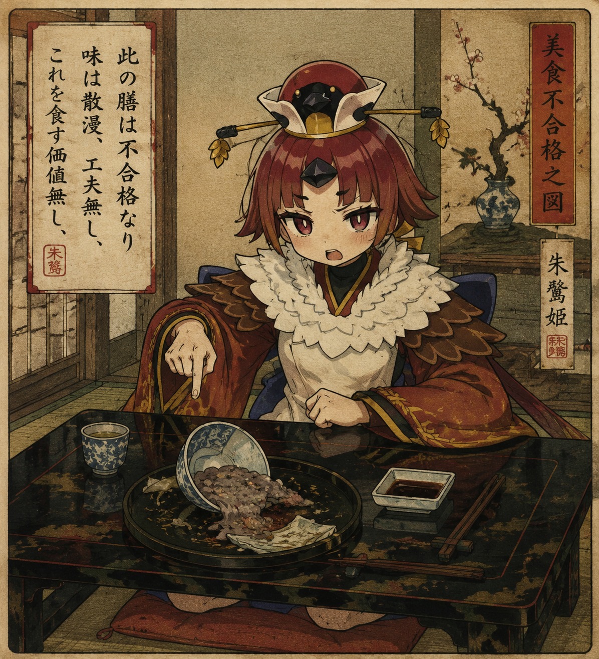 Delivering a harsh verdict on a failed meal At a polished low table in a private tearoom (traditional ukiyo-e woodblock print style)