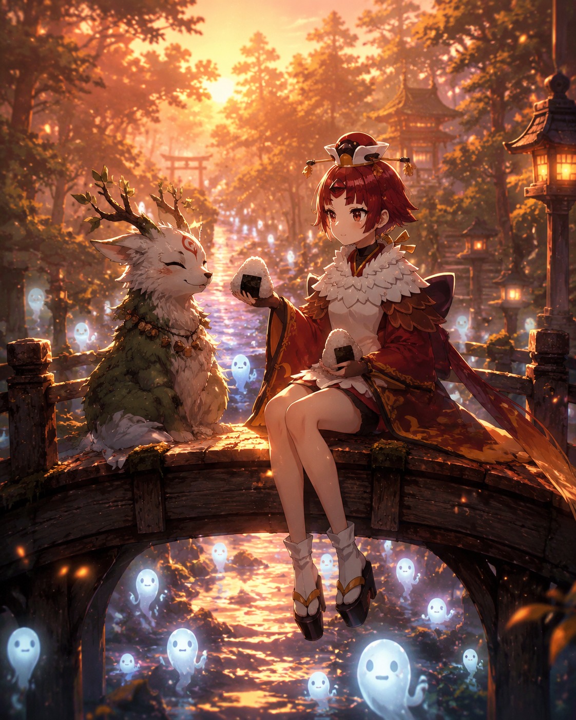 Sharing a rice ball with a forest spirit On a mystical bridge spanning a river of souls (cinematic anime style during golden hour)