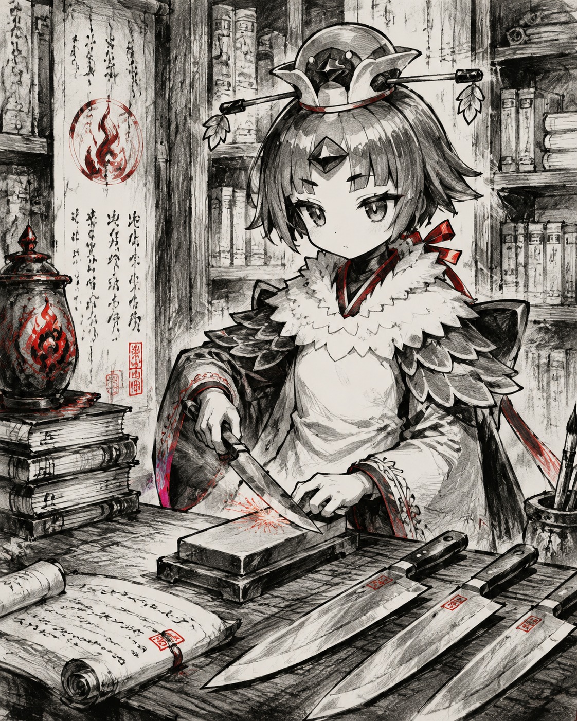 Sharpening a set of professional chef knives In a quiet library filled with ancient scrolls (minimalist charcoal sketch with bold red accents)