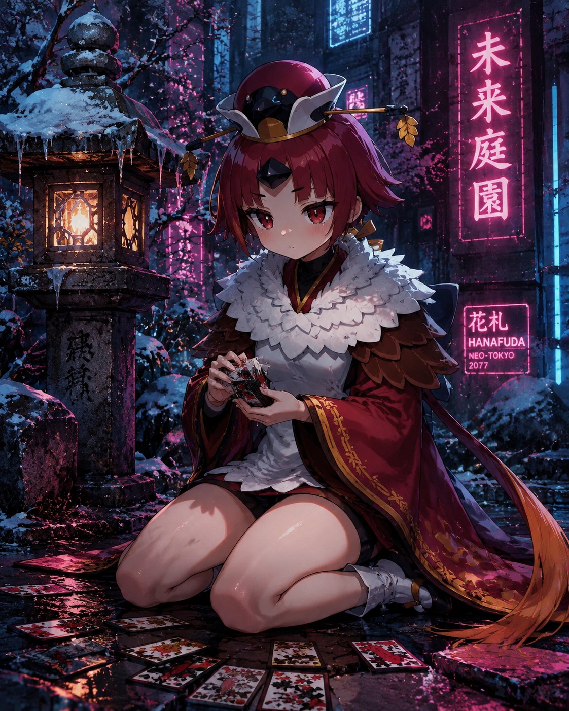 Shuffling a deck of hanafuda cards In a frozen garden beside a stone lantern (gritty cyberpunk aesthetic with neon highlights)