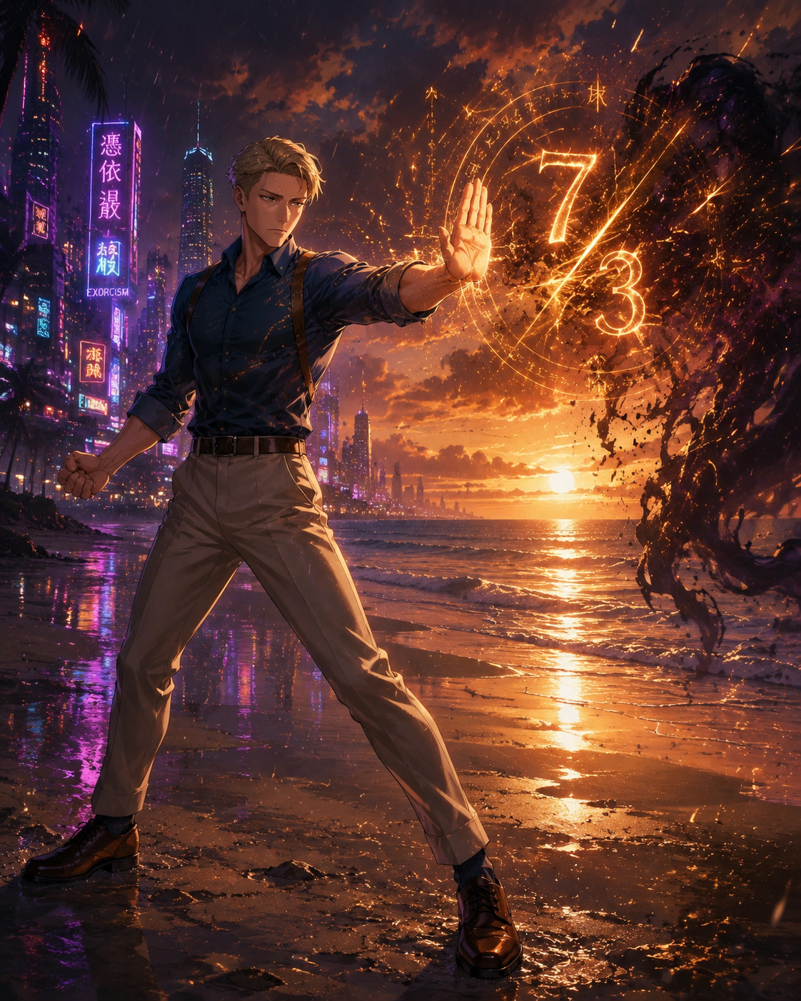 Exorcising a curse with a precise 7:3 strike On a tranquil beach during a golden sunset (moody cyberpunk, neon glow and rainy textures)