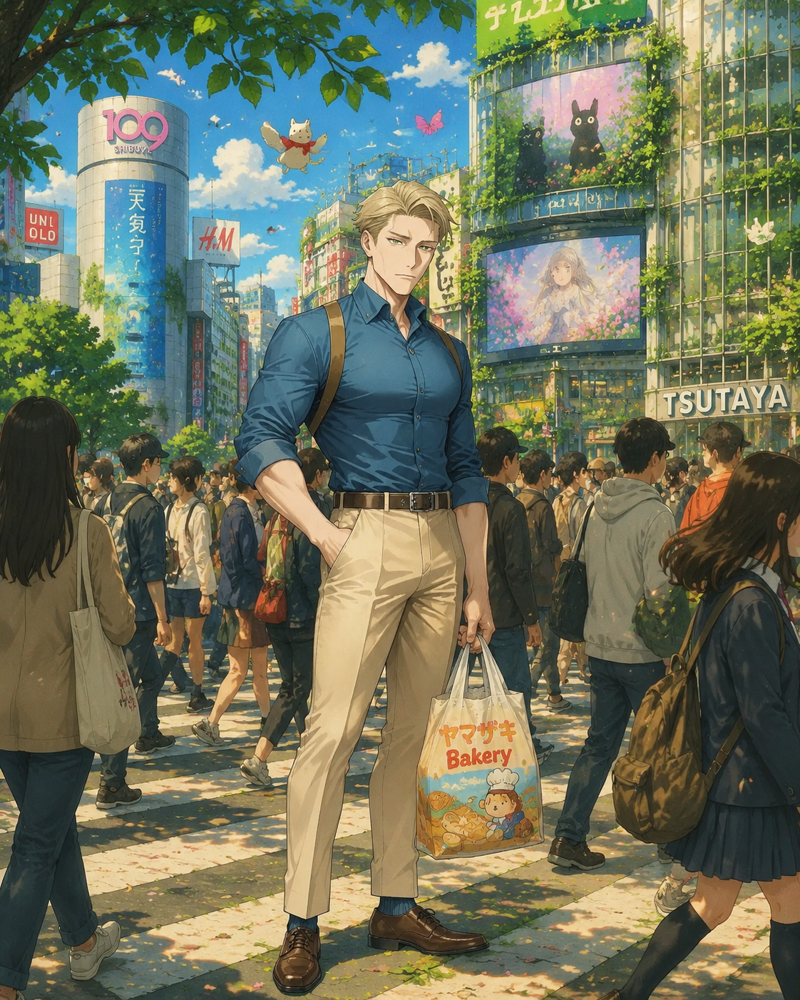 Holding a colorful supermarket bakery bag On a crowded crosswalk in Shibuya (studio ghibli inspired, lush greenery and whimsy)
