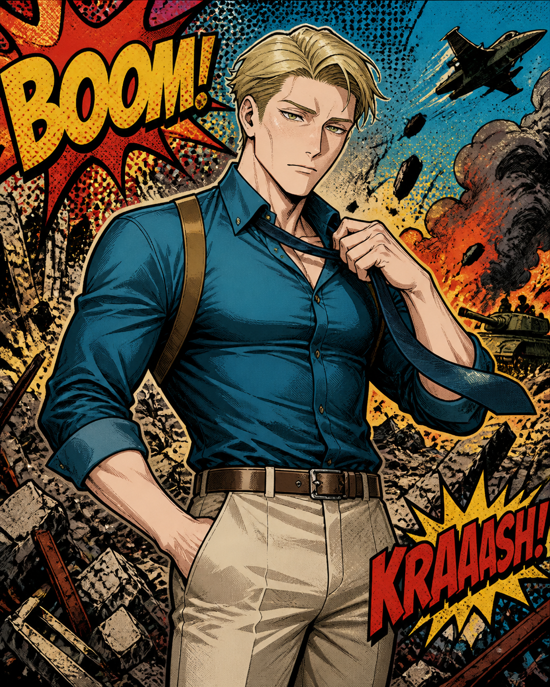 Loosening his silk necktie In a chaotic battlefield filled with jagged rubble (vibrant pop art, bold lines and halftone dots)