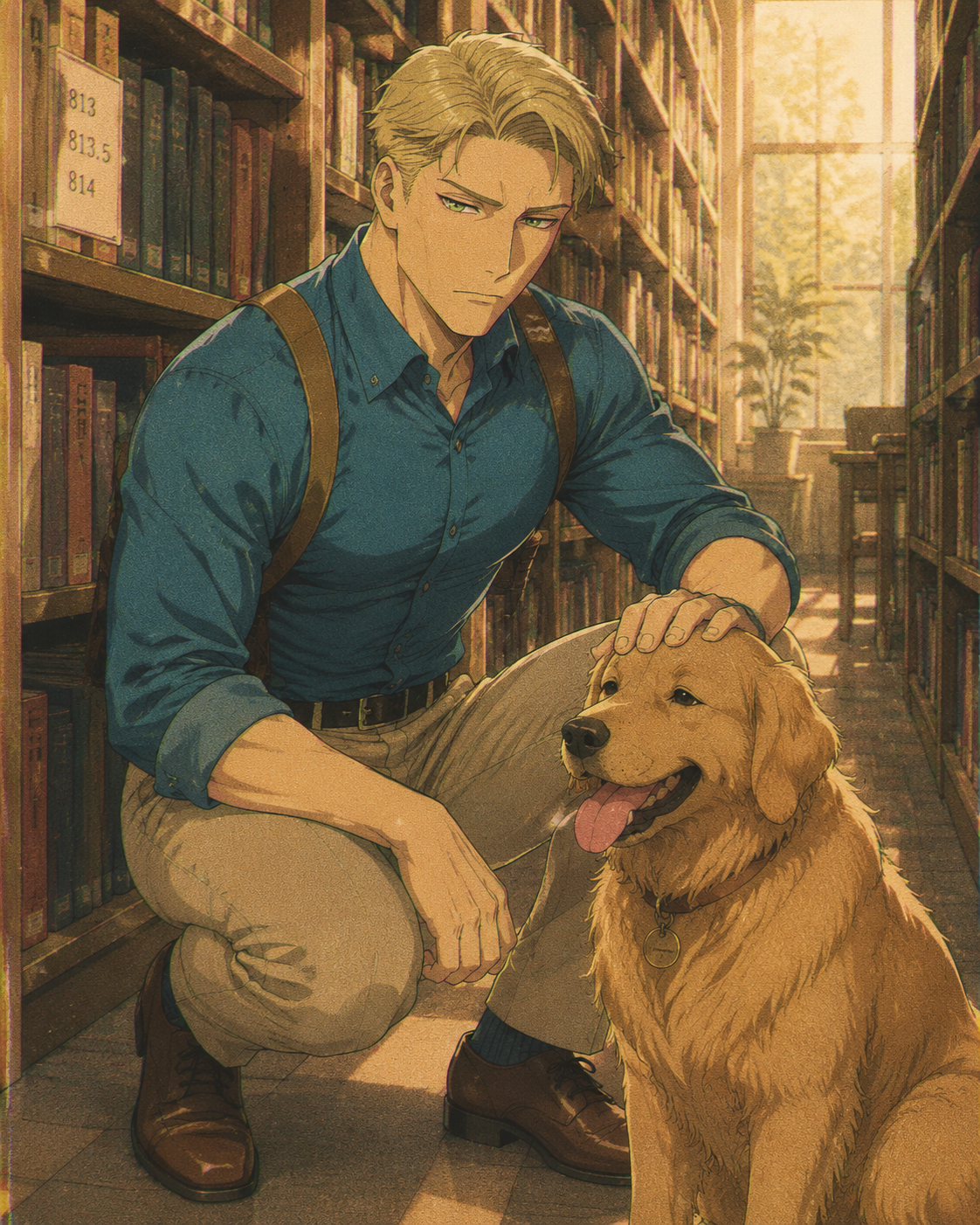 Patting a golden retriever awkwardly In a sun-drenched library aisle (retro 90s aesthetic, lo-fi grain and muted tones)